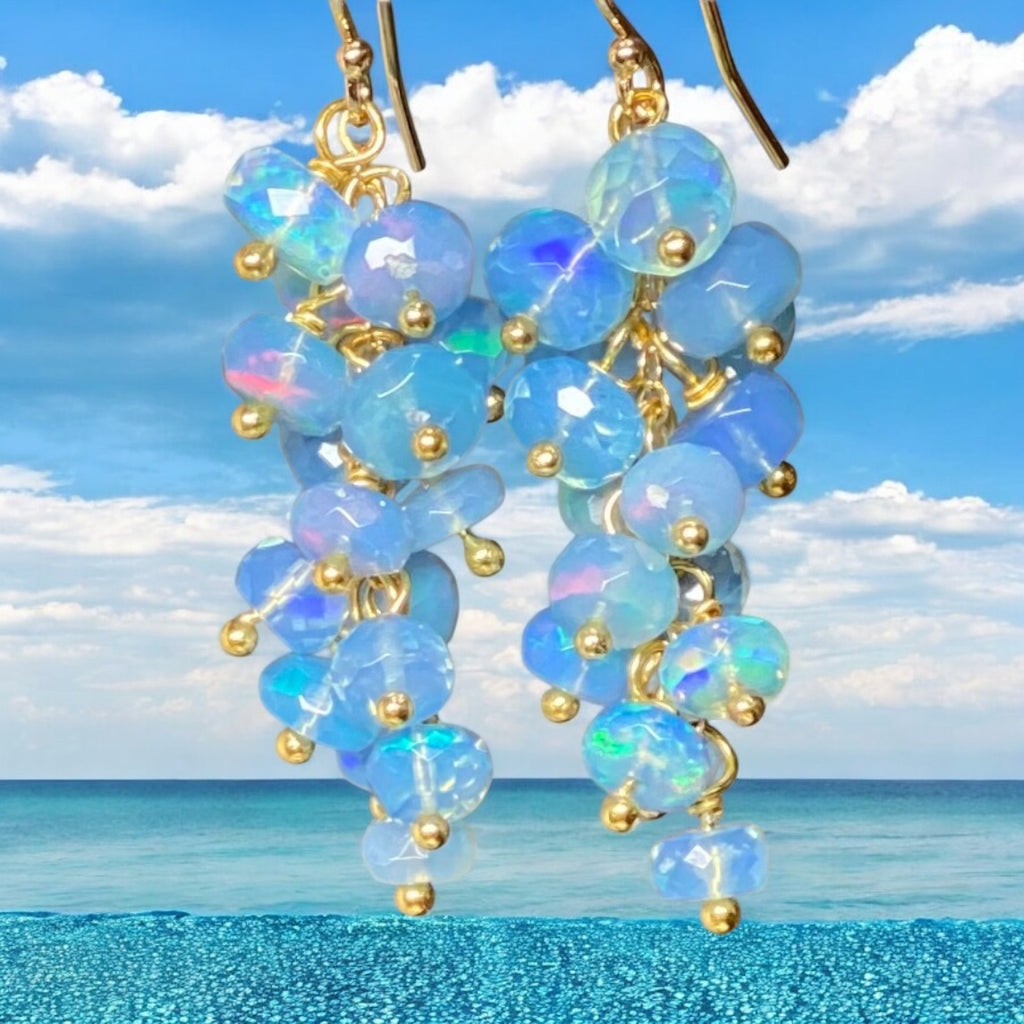 Blue Ethiopian Opal Cluster Dangle Earrings Gold Fill