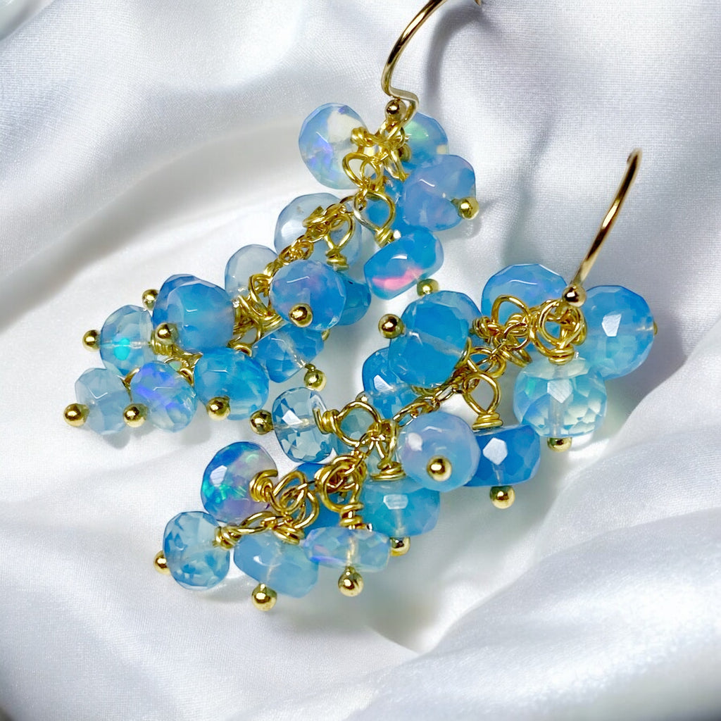 Blue Ethiopian Opal Cluster Dangle Earrings Gold Fill