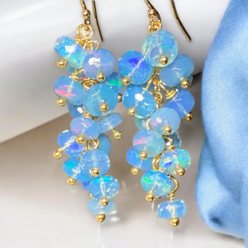 Blue Ethiopian Opal Cluster Dangle Earrings Gold Fill