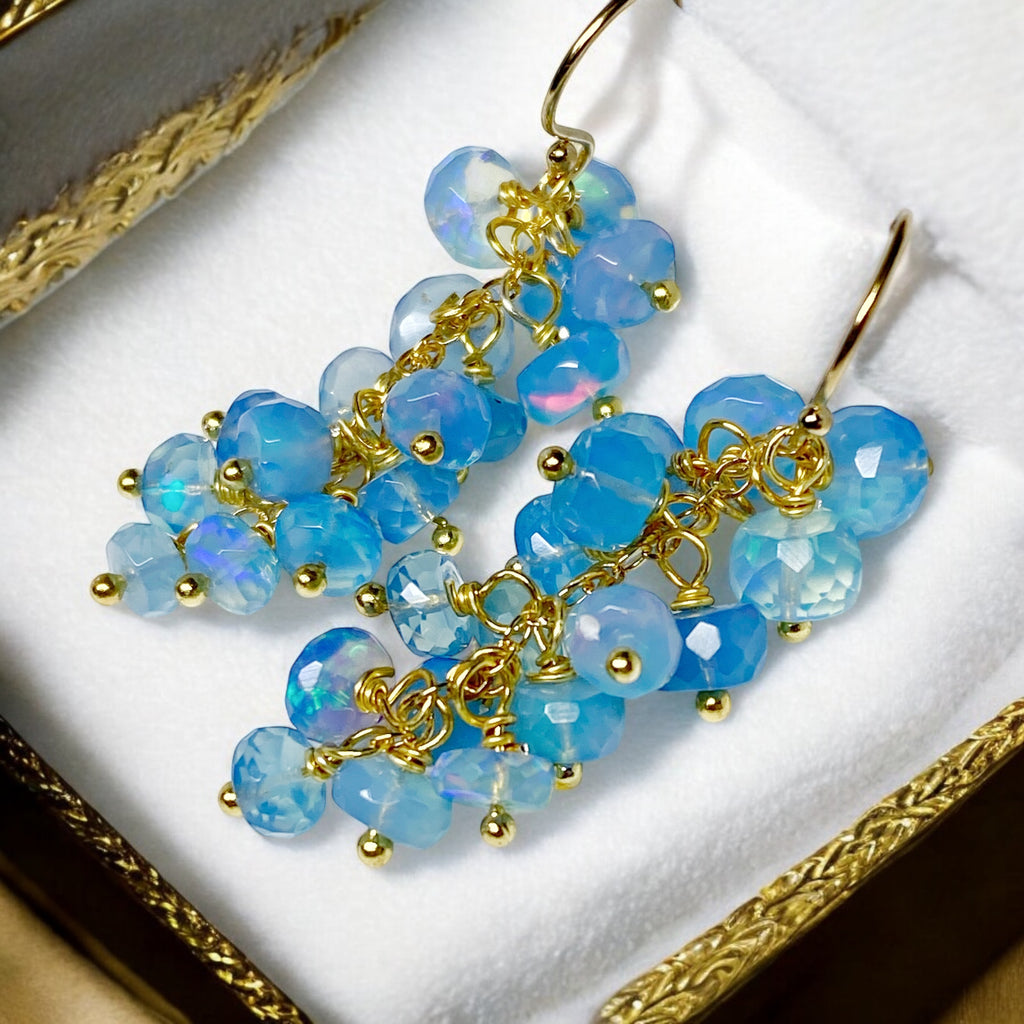 Blue Ethiopian Opal Cluster Dangle Earrings Gold Fill