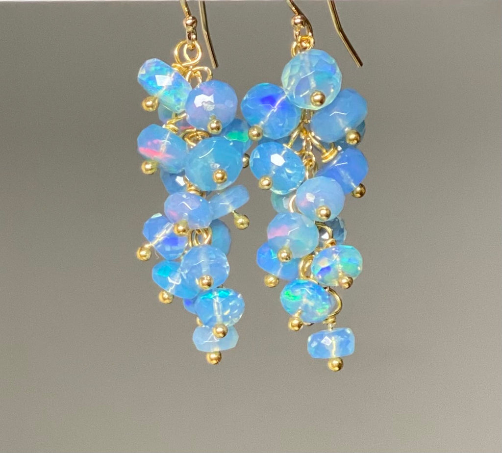 Blue Ethiopian Opal Cluster Dangle Earrings Gold Fill