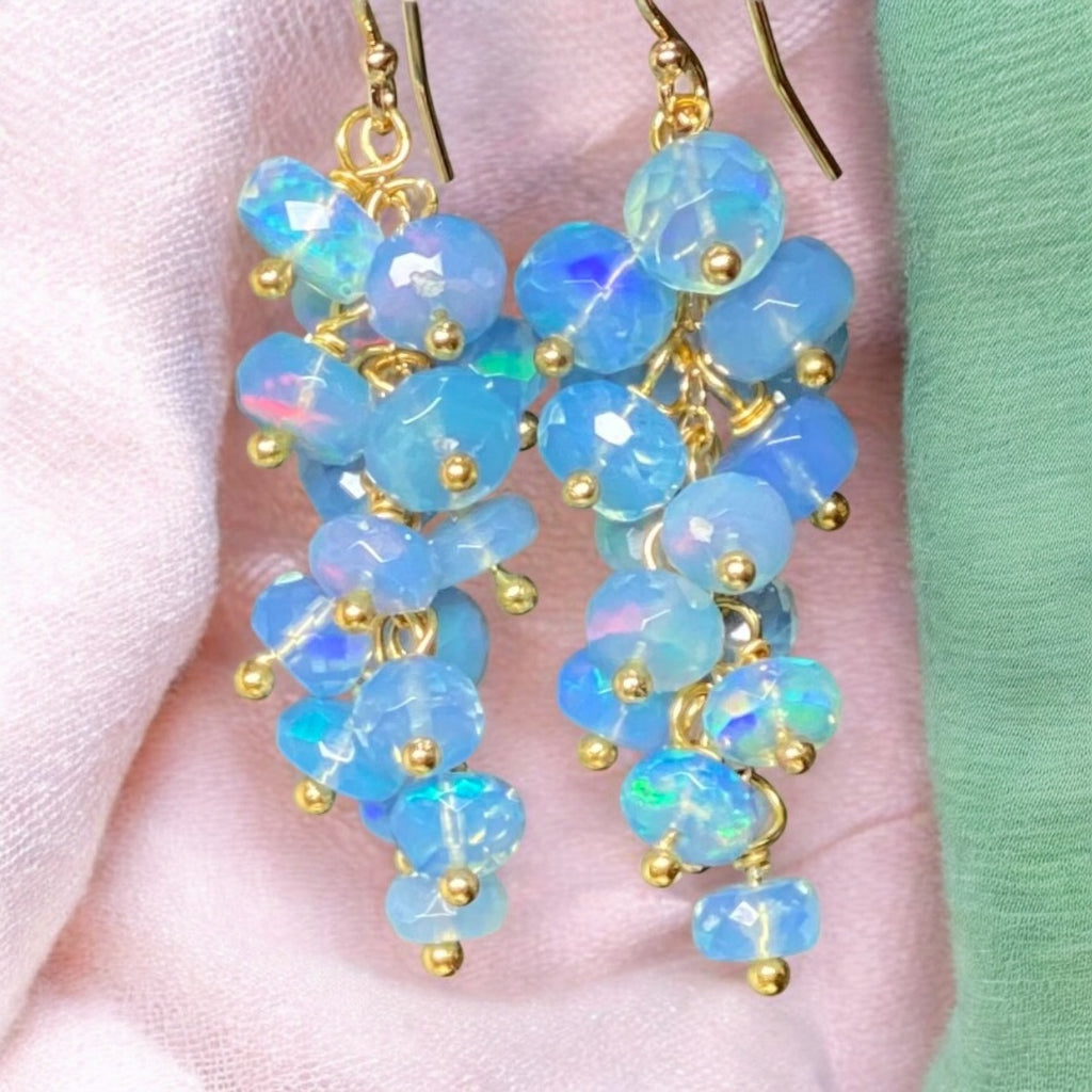 Blue Ethiopian Opal Cluster Dangle Earrings Gold Fill