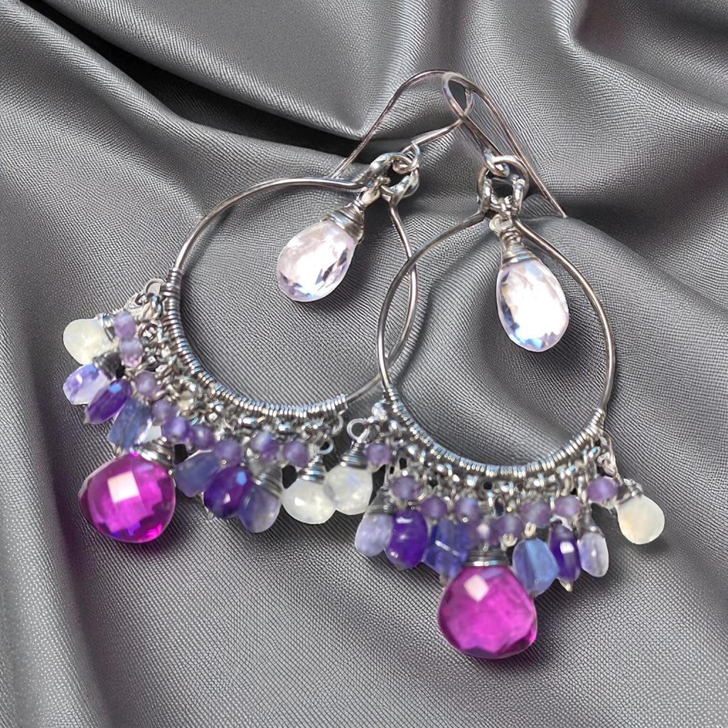 Blue Violet Statement Chandelier Hoop Earrings in Oxidized Sterling Silver