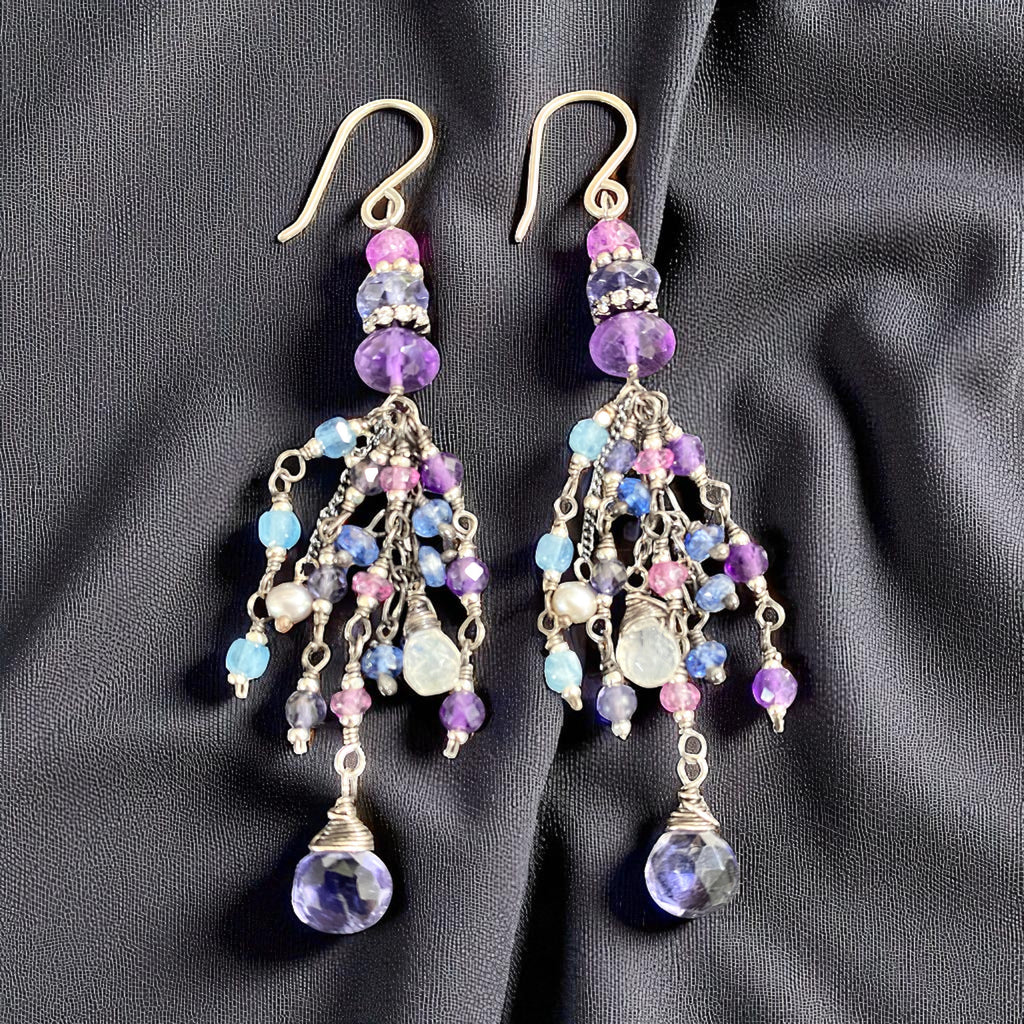 Blue Purple Gemstone Dangle Earrings, Tassel Style, Iolite, Amethyst, Oxi Sterling Silver