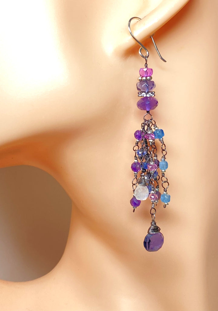 Blue Purple Gemstone Dangle Earrings, Tassel Style, Iolite, Amethyst, Oxi Sterling Silver