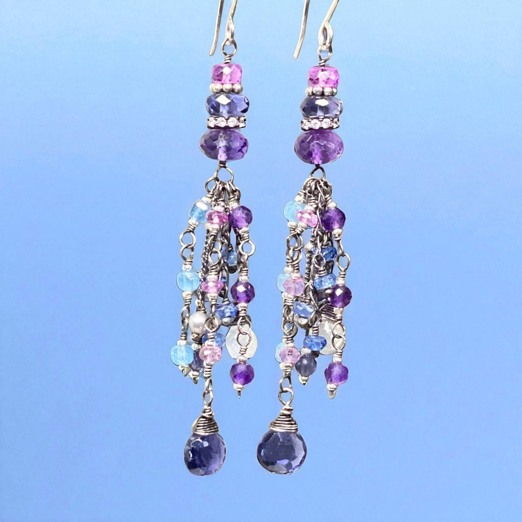 Blue Purple Gemstone Dangle Earrings, Tassel Style, Iolite, Amethyst, Oxi Sterling Silver