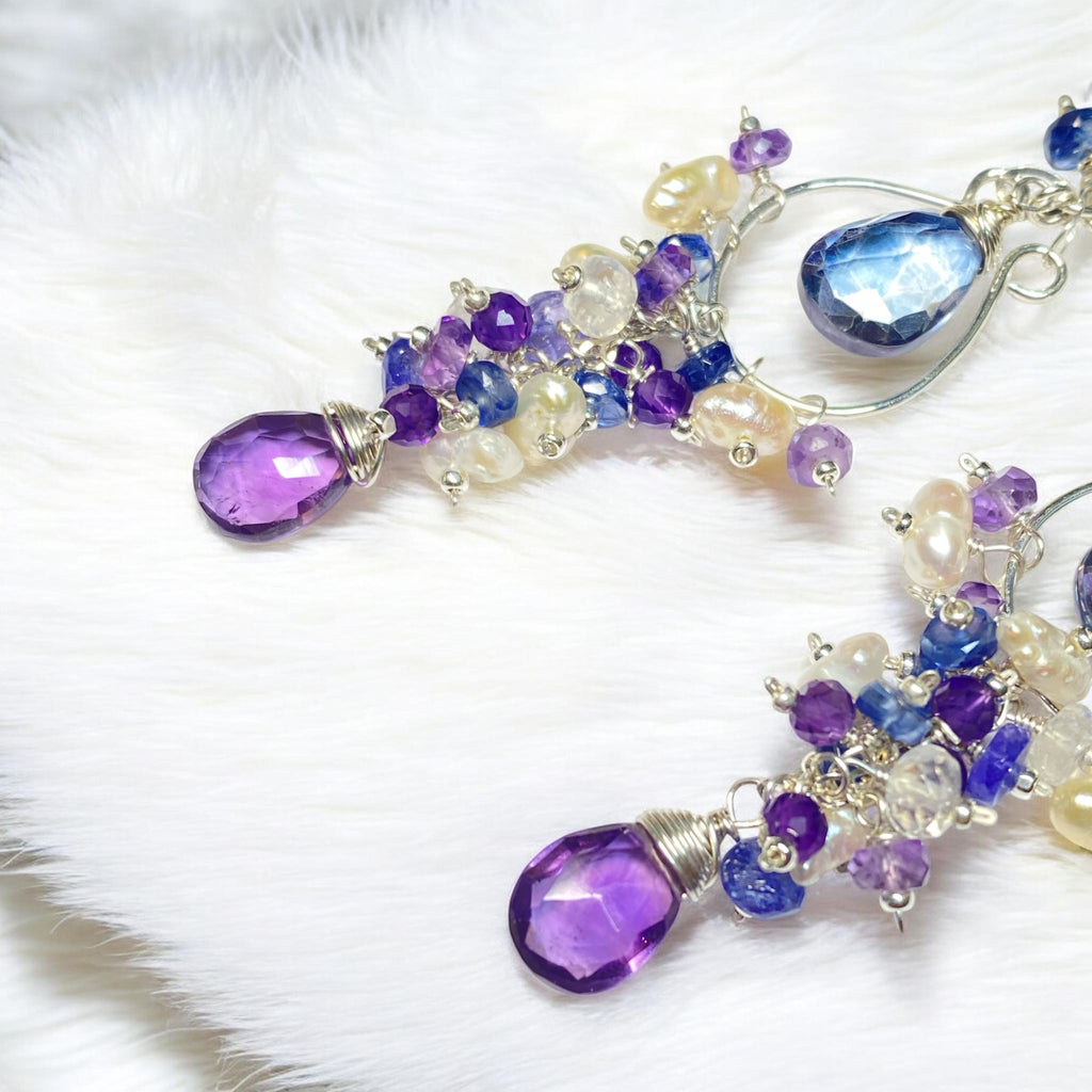Blue Purple Gemstone Chandelier Hoop Earrings Sterling Silver — Tanzanite Amethyst Kyanite Moonstone - Doolittle