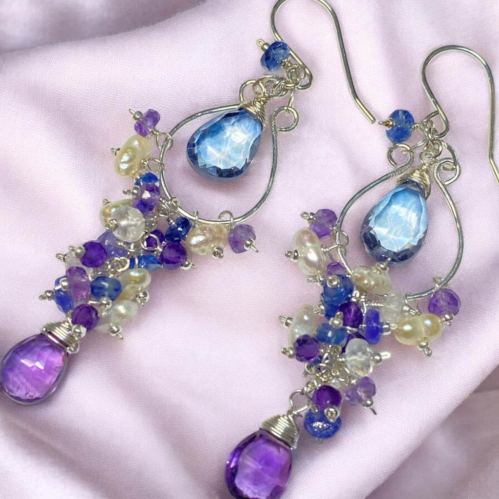 Blue Purple Gemstone Chandelier Hoop Earrings Sterling Silver — Tanzanite Amethyst Kyanite Moonstone - Doolittle