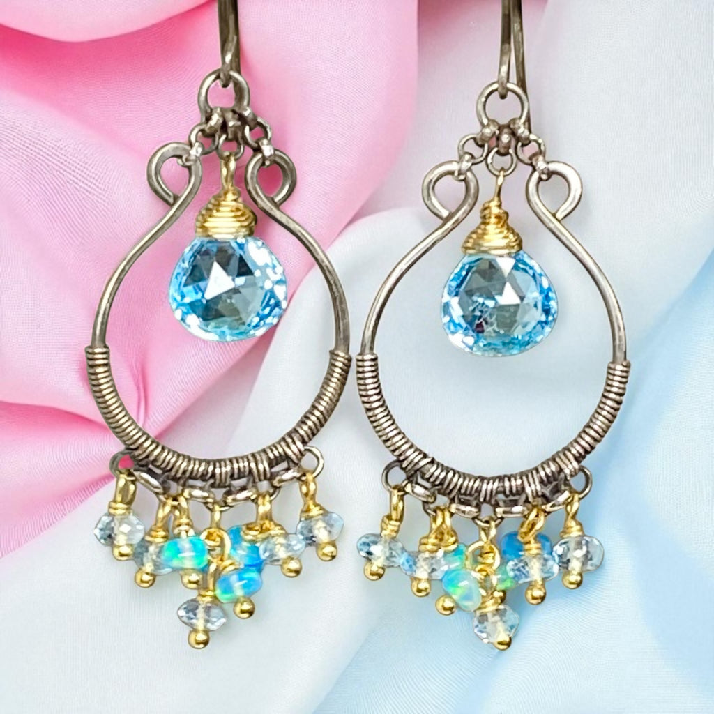 Blue Topaz, Opal, Chandelier Hoop Earrings Oxidized Silver Mixed Metal