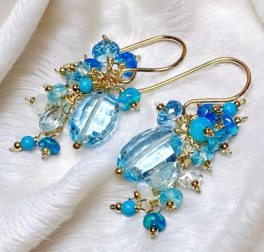 Blue Topaz Dangle Earrings with Multi Gemstone Cluster, Opal, Apatite, Herkimer Diamonds