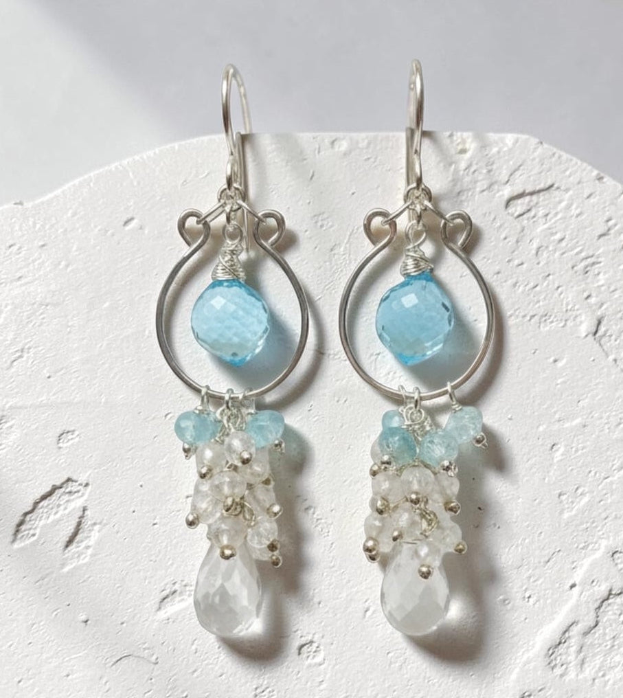 Natural blue zircon rondelles and mystic silver quartz teardrop briolettes on sterling silver chandelier hoops