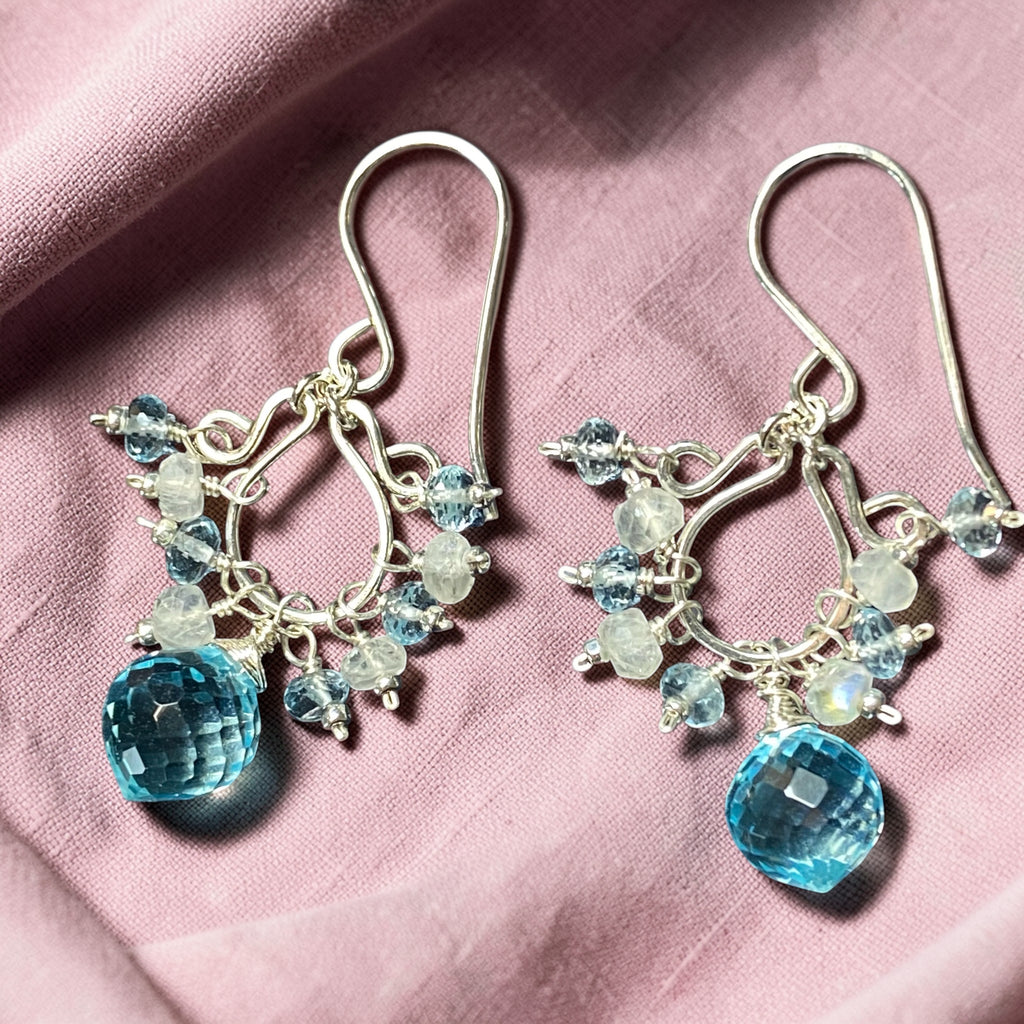 Blue Topaz and Moonstone Chandelier Earrings Sterling Silver - Doolittle