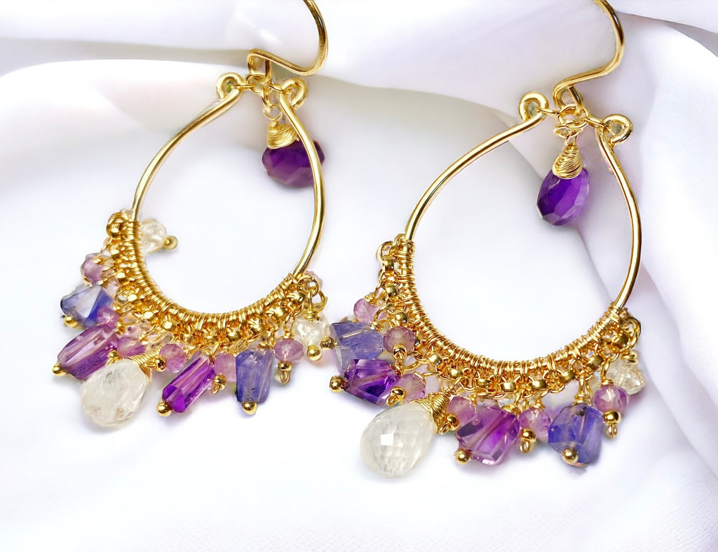 Blue Violet Purple Gold Fill Hoop Chandelier Earrings with Moonstone