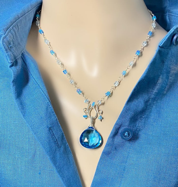 Blue Topaz, Opal and Gemstone Pendant Necklace Rosary Style Sterling Silver