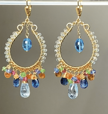 Blue topaz handmade gold filled chandelier earrings with mandarin garnet, kyanite and more colorful gemstones