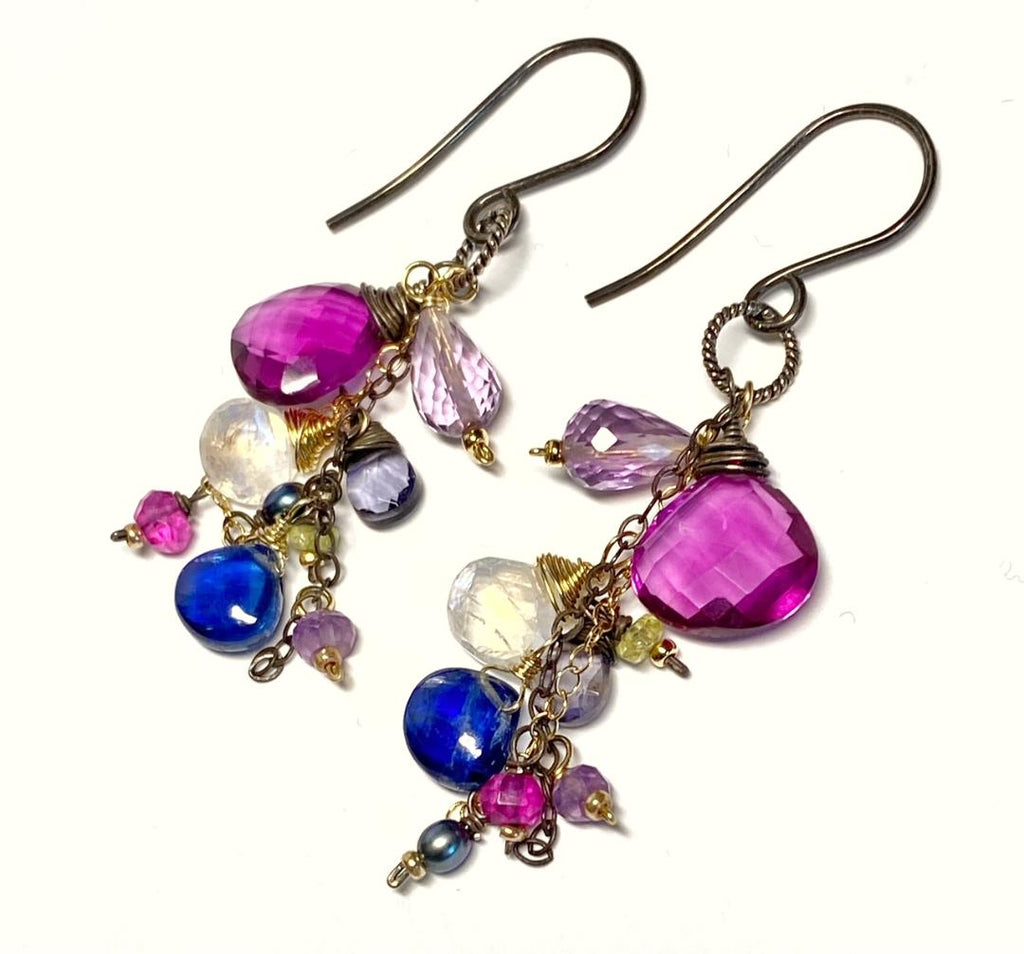 Blue Violet Gemstone Dangle Earrings, Mixed Metals