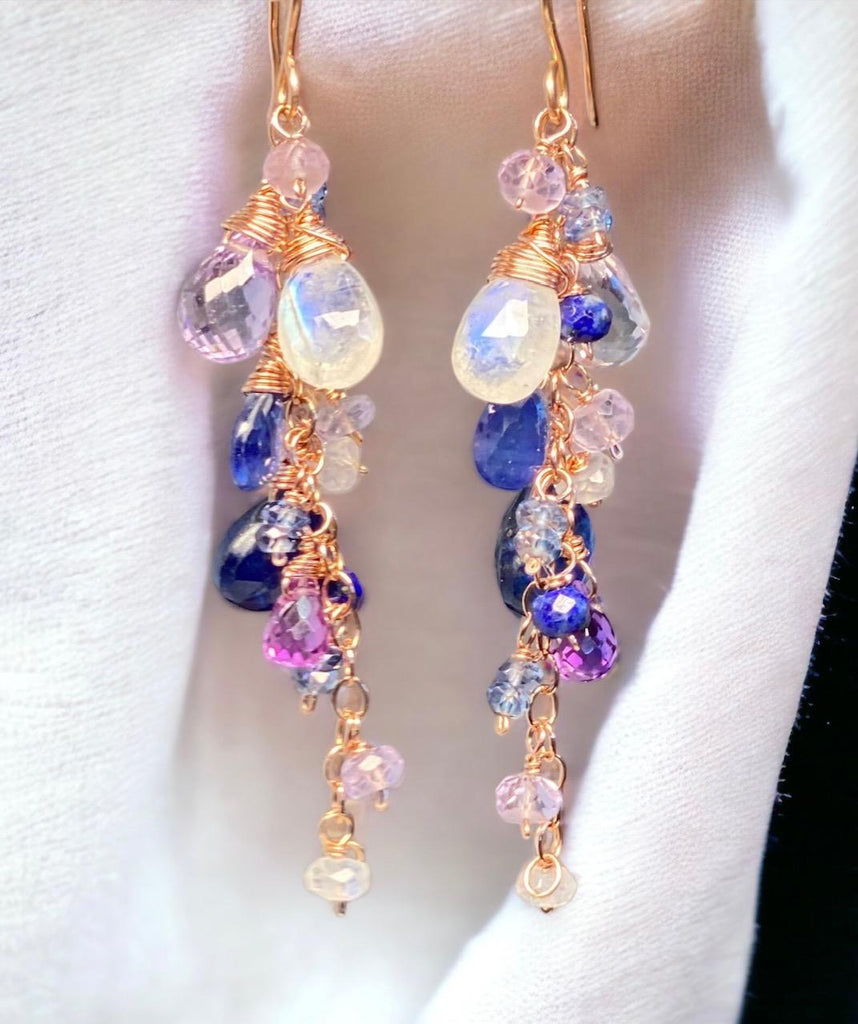 Blue Violet Rose Gold Dangle Earrings - Moonstone, Kyanite, Amethyst, Violet Quartz