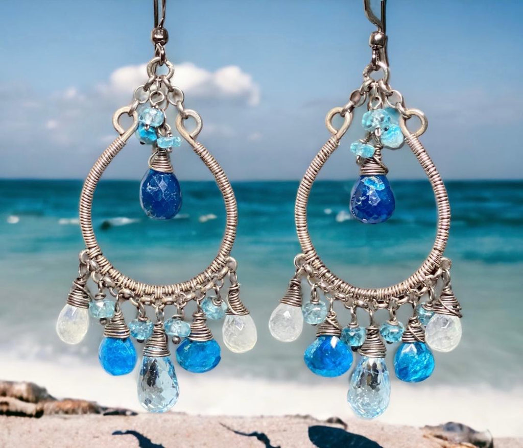 Rainbow Moonstone Hoop Chandelier Earrings Oxidized Silver Blue Topaz Teal Apatite