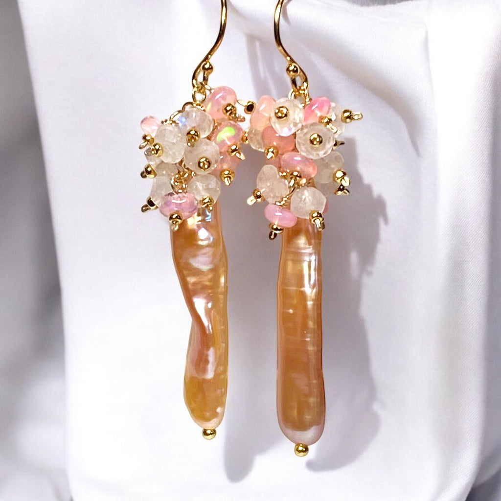 Blush Biwa Pearl Earrings Long Pink Opal Cluster Earrings Gold Fill