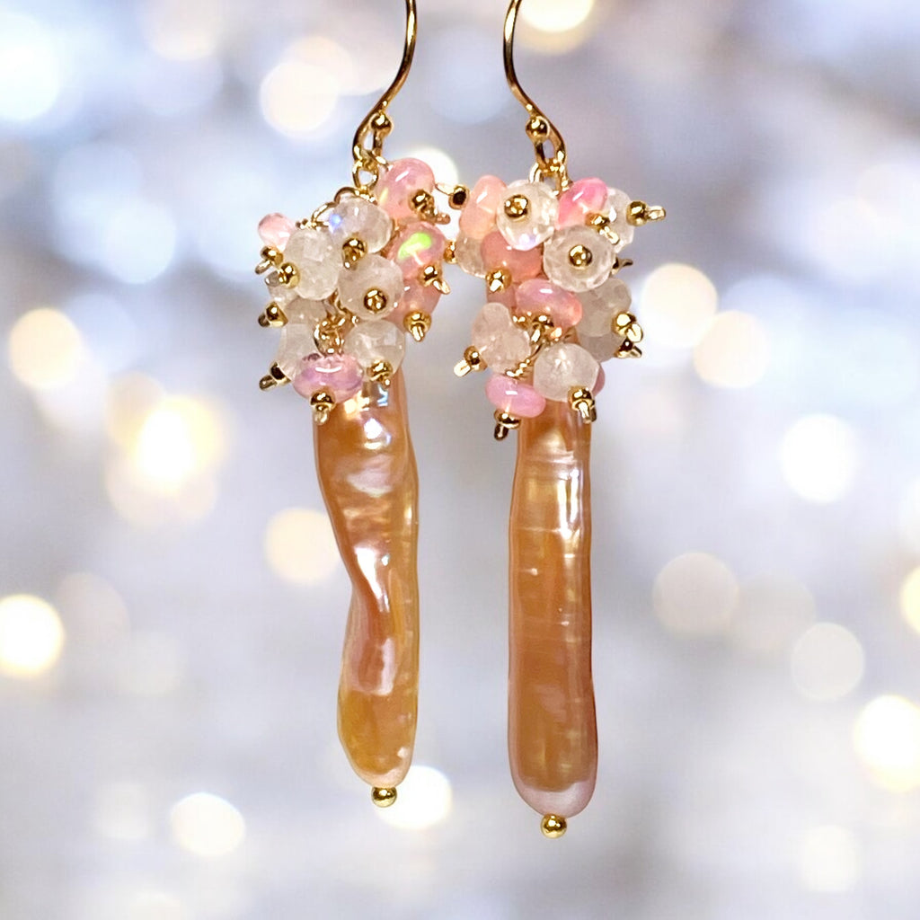 Blush Biwa Pearl Earrings Long Pink Opal Cluster Earrings Gold Fill