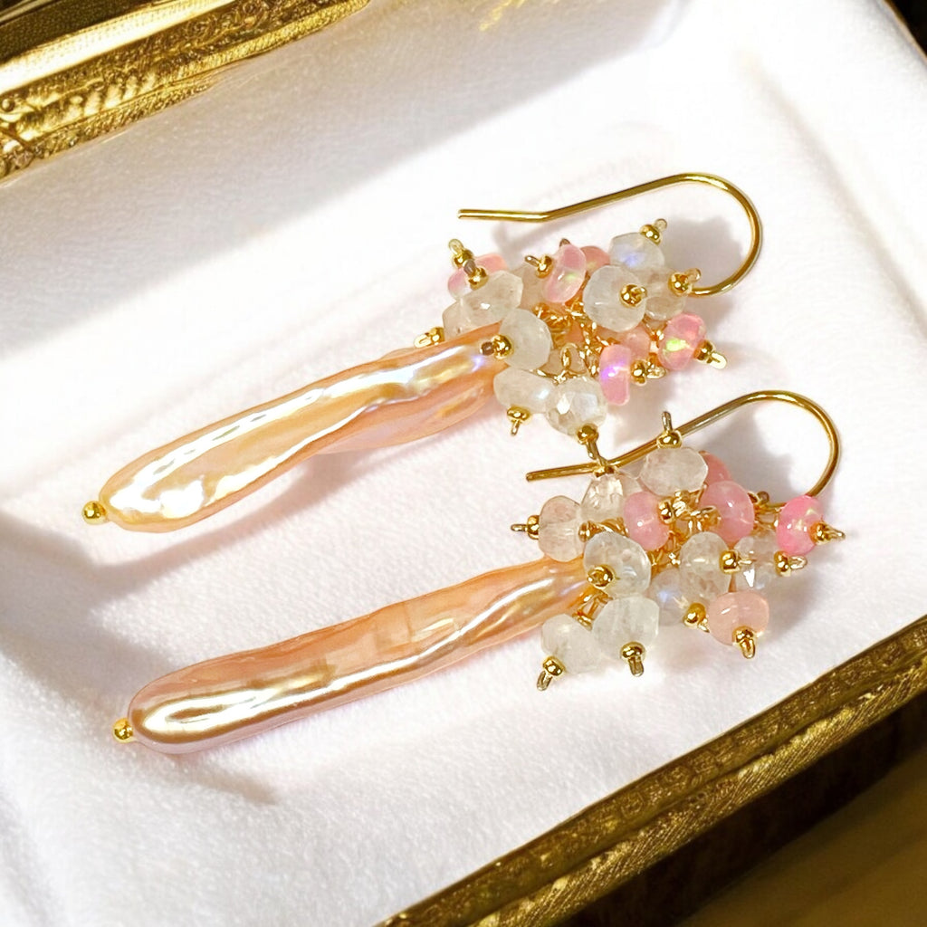 Blush Biwa Pearl Earrings Long Pink Opal Cluster Earrings Gold Fill