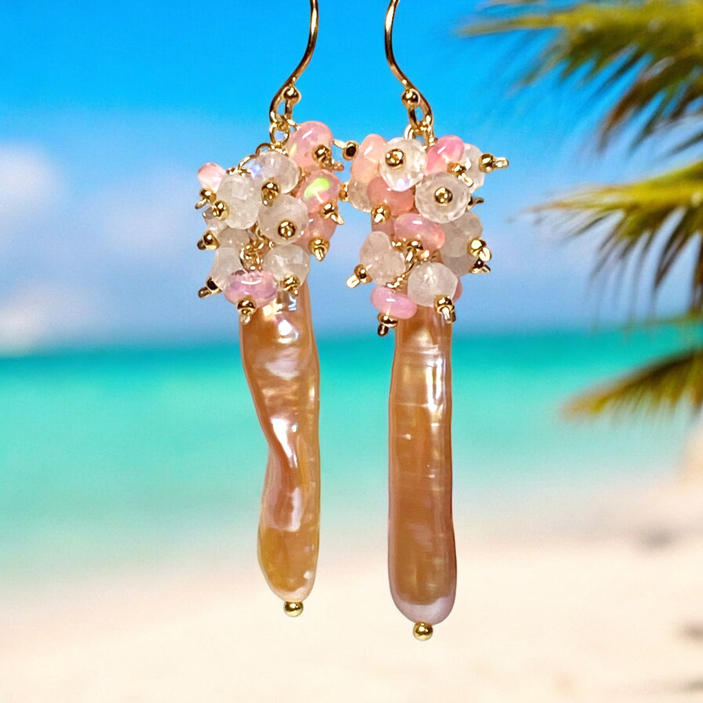 Blush Biwa Pearl Earrings Long Pink Opal Cluster Earrings Gold Fill