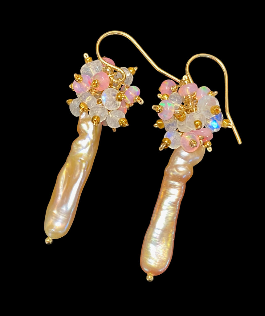 Blush Biwa Pearl Earrings Long Pink Opal Cluster Earrings Gold Fill