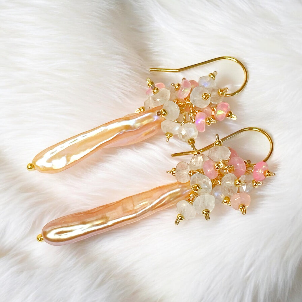 Blush Biwa Pearl Earrings Long Pink Opal Cluster Earrings Gold Fill