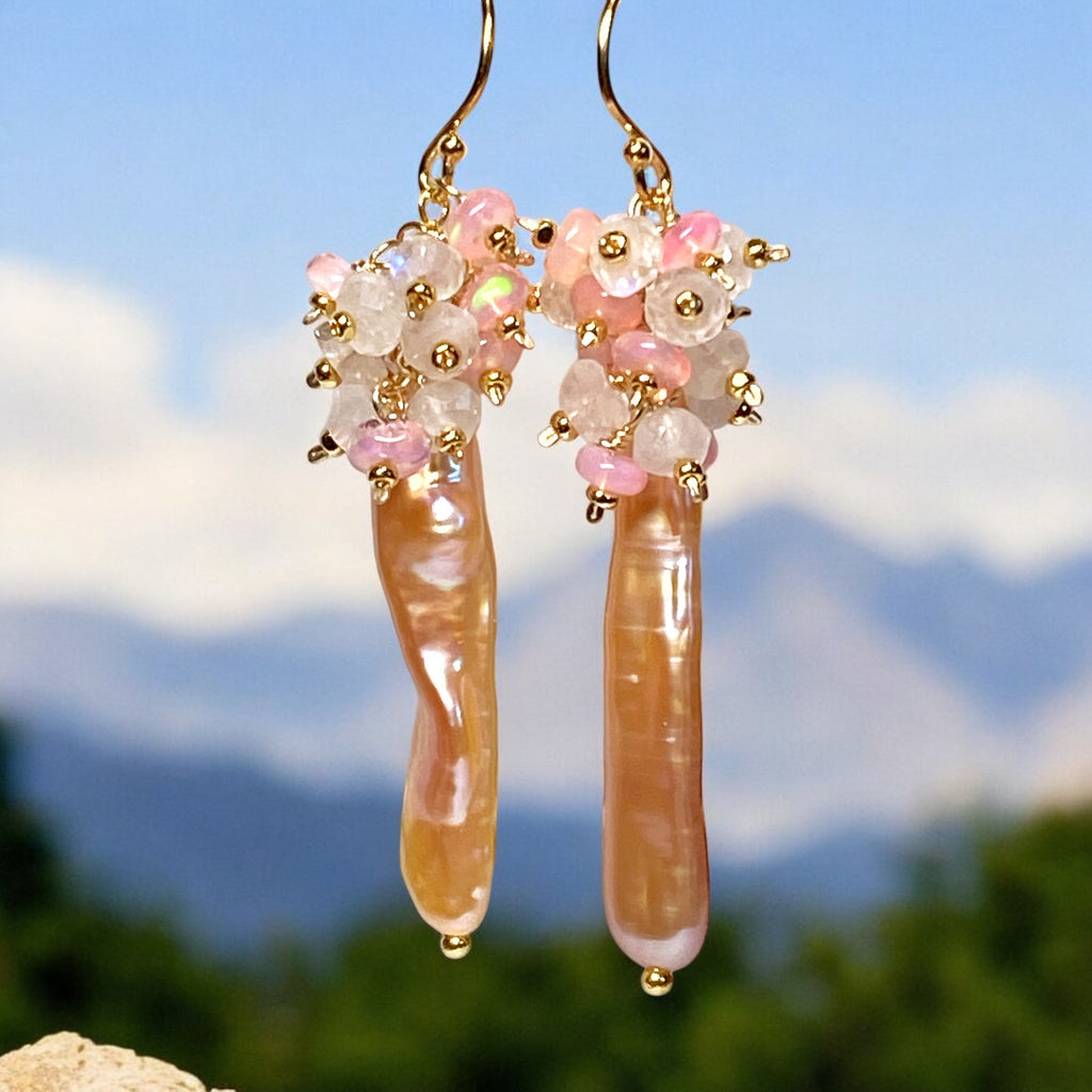 Blush Biwa Pearl Earrings Long Pink Opal Cluster Earrings Gold Fill