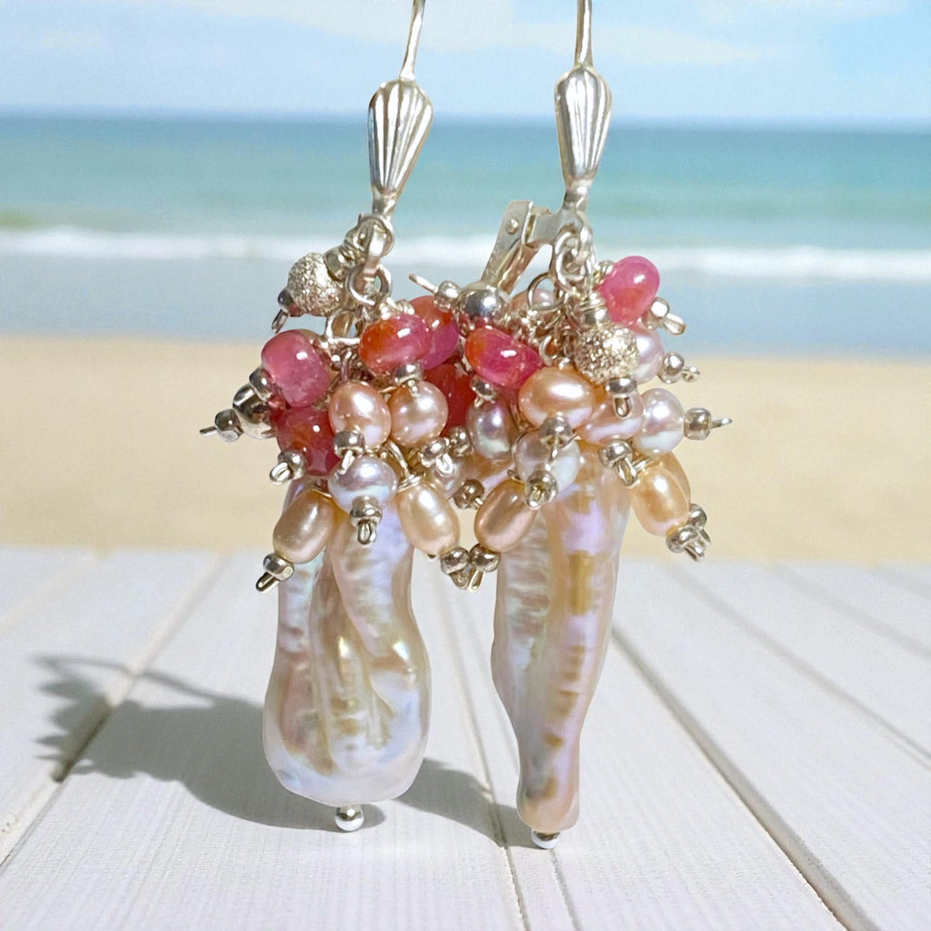 Blush Pink Biwa Pearl Pink Sapphire Cluster Earrings Sterling Silver