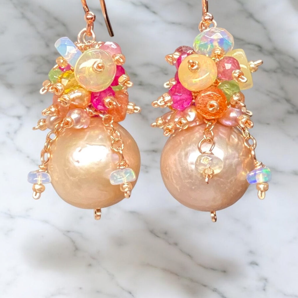Blush Pearl Multicolor Opal Gemstone Cluster Earrings Rose Gold Fill
