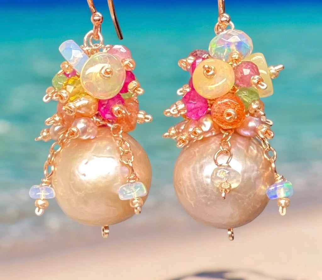 Blush Pearl Multicolor Opal Gemstone Cluster Earrings Rose Gold Fill