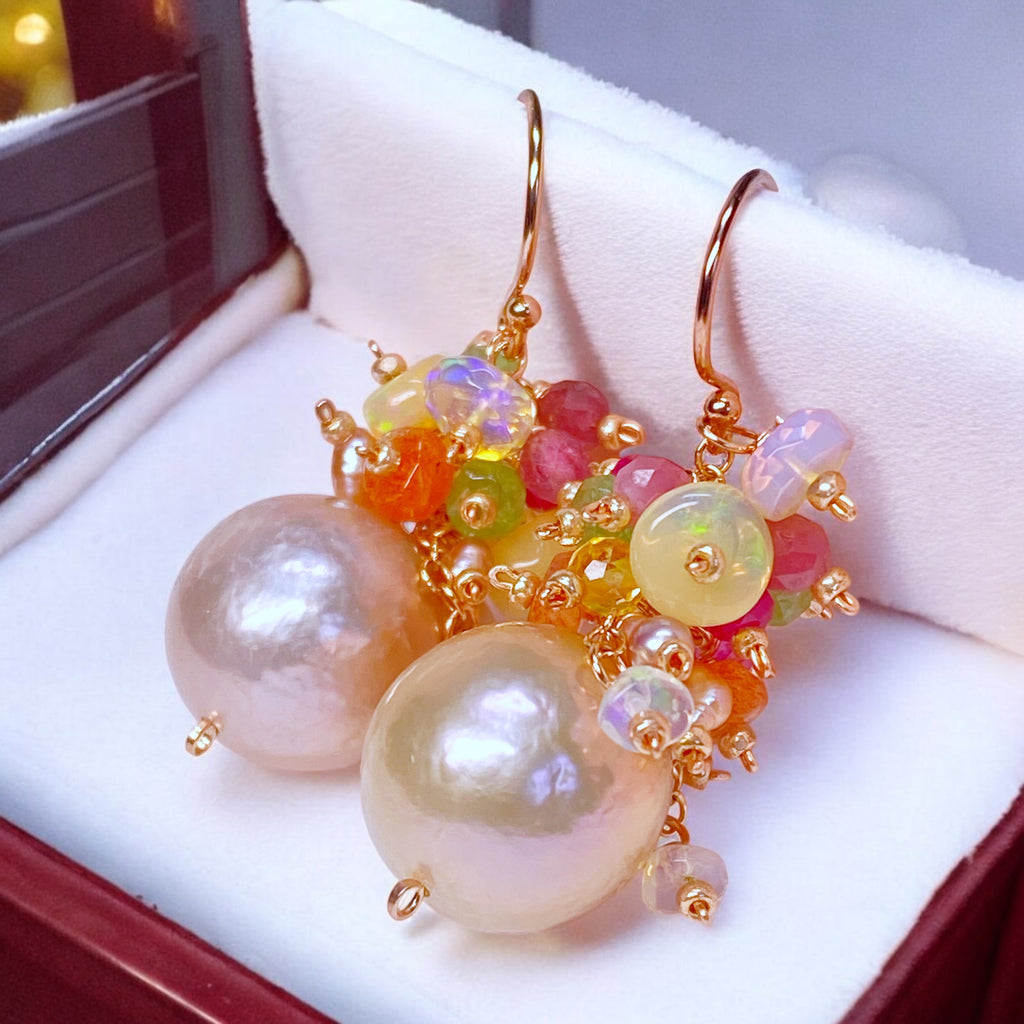 Blush Pearl Multicolor Opal Gemstone Cluster Earrings Rose Gold Fill