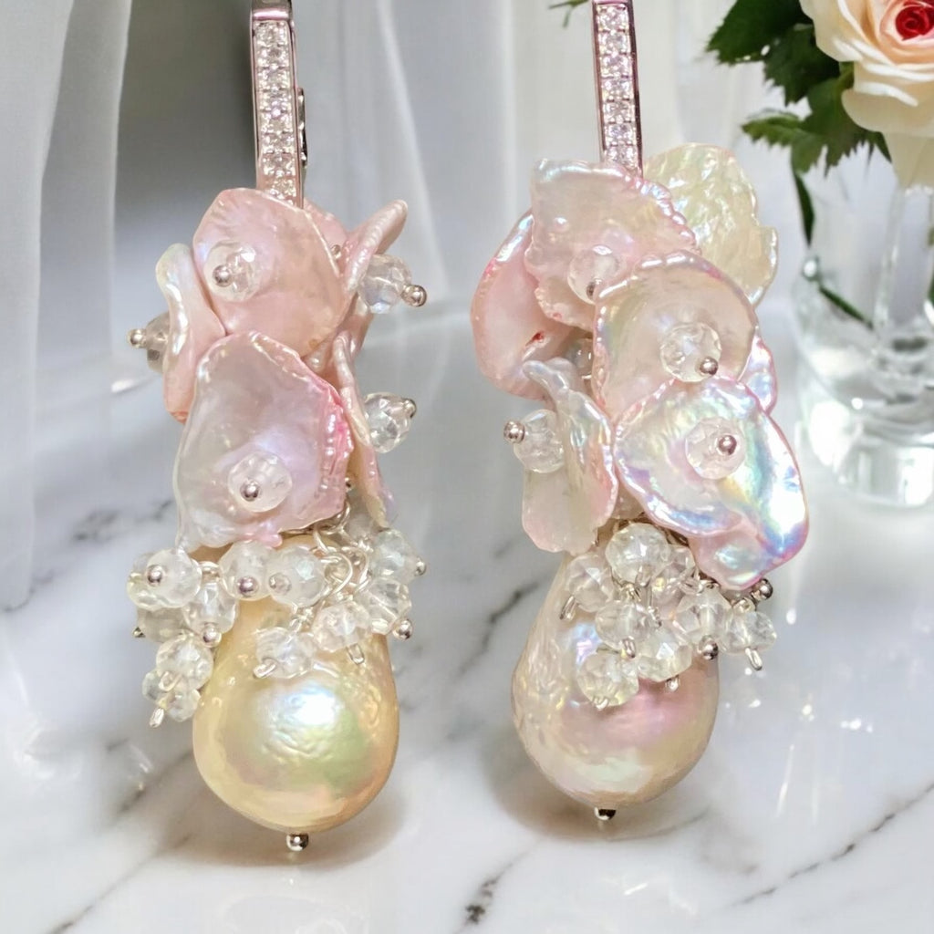 Blush Keishi Pearl Cluster Wedding Earrings Sterling Silver 2