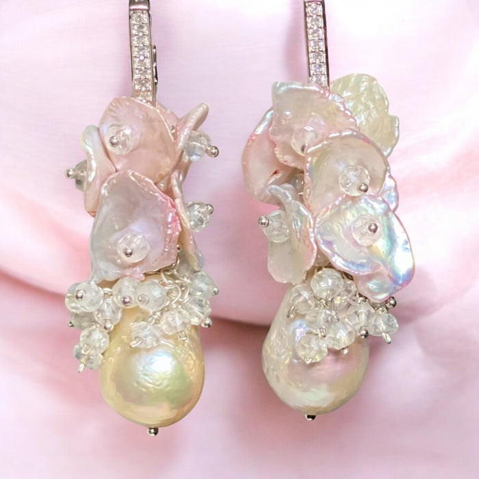Blush Keishi Pearl Cluster Wedding Earrings Sterling Silver - Doolittle