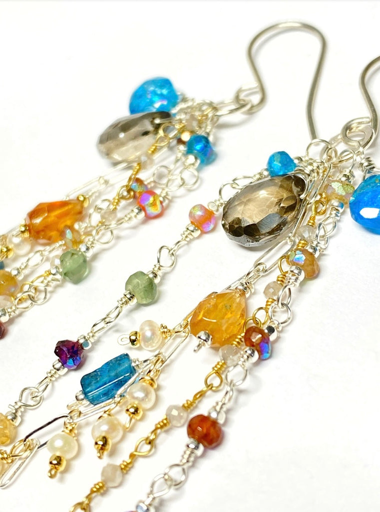 Boho Long Gem Dangle Earrings in Mixed Metals with Smokey Quartz, Apatite