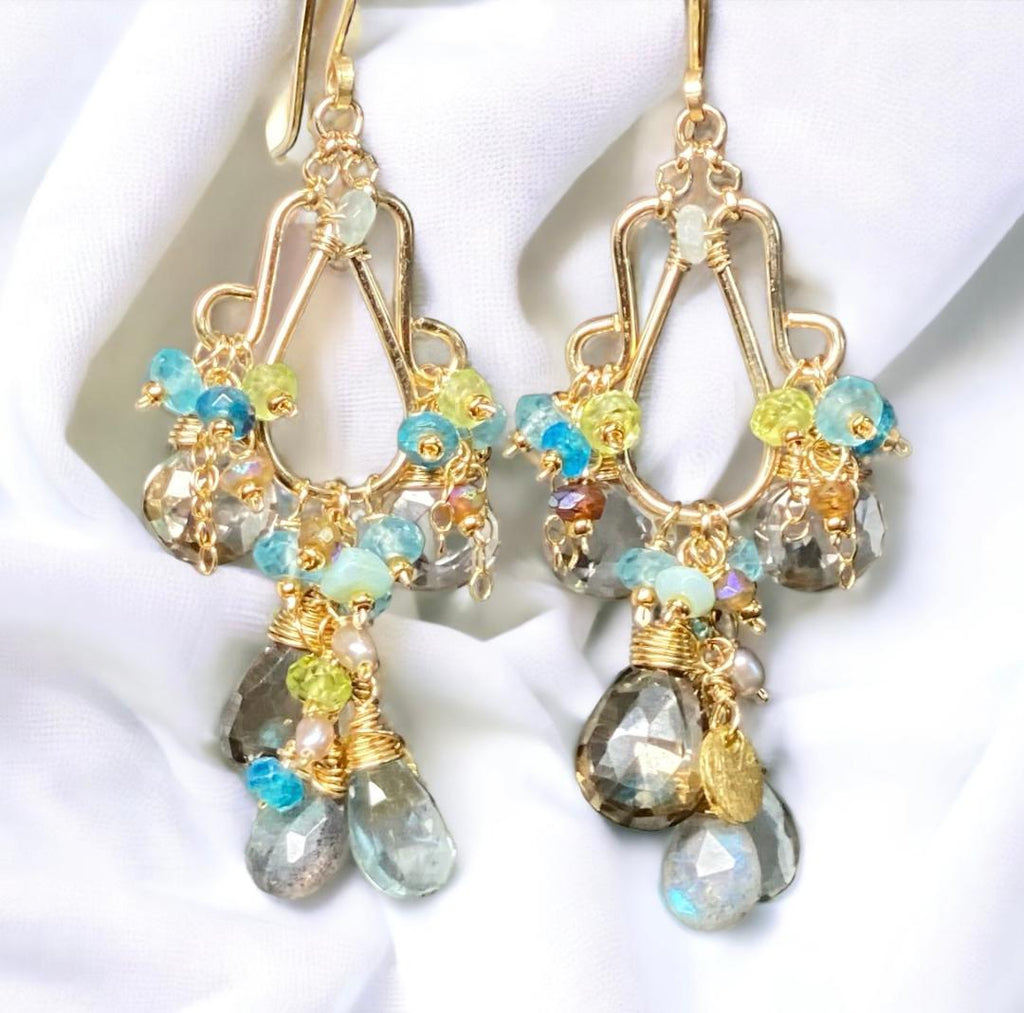 Gold Filled Gemstone Chandelier Earrings Moss Aquamarine, Smokey Quartz, Apatite