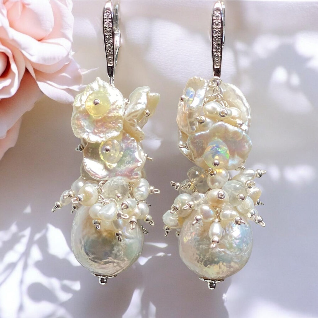 Baroque Pearl Cluster Bridal Earrings White Keishi and Opal Cascade