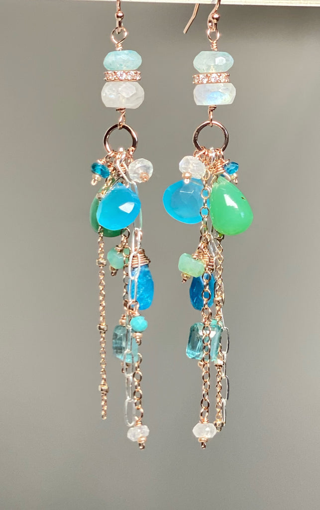 Rose Gold Long Boho Dangle Earrings Mixed Metal with Chrysoprase, Blue Chalcedony and Moonstone