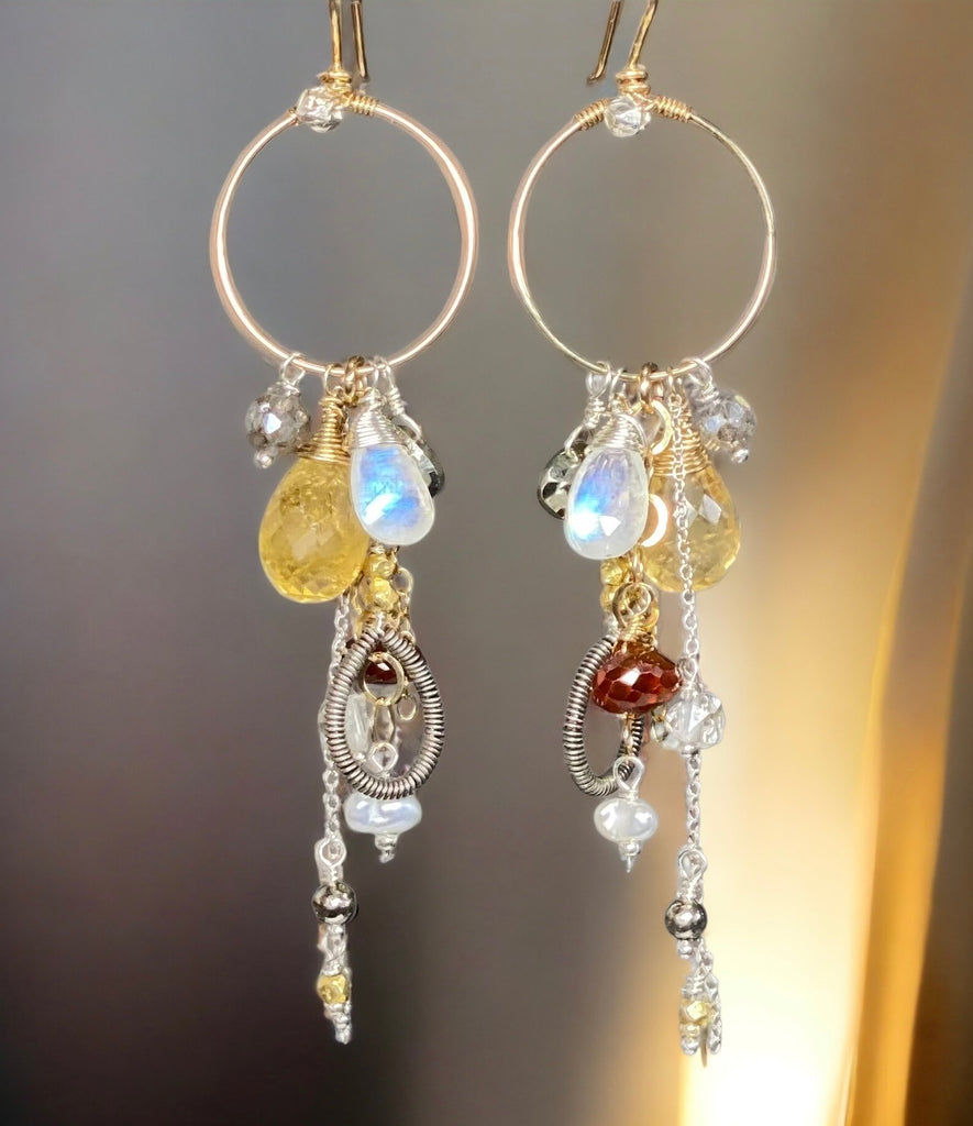 handmade hoop dangle earrings with citrine moonstone and more in mixed metals