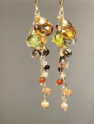 Citrine and Multi Gem Stone Dangle Earrings, Gold Chain Tassel with Peridot