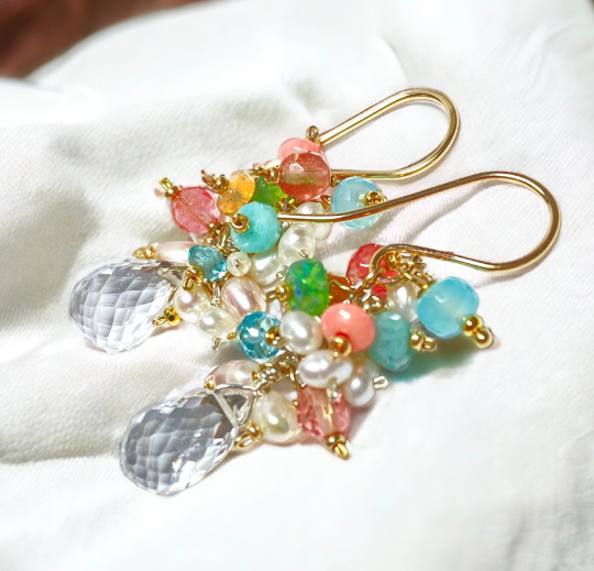 Crystal Quartz and Colorful Gemstone, Pearl Cluster Earrings - Coral and Aqua
