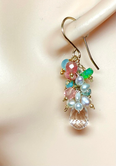 Crystal Quartz and Colorful Gemstone, Pearl Cluster Earrings - Coral and Aqua