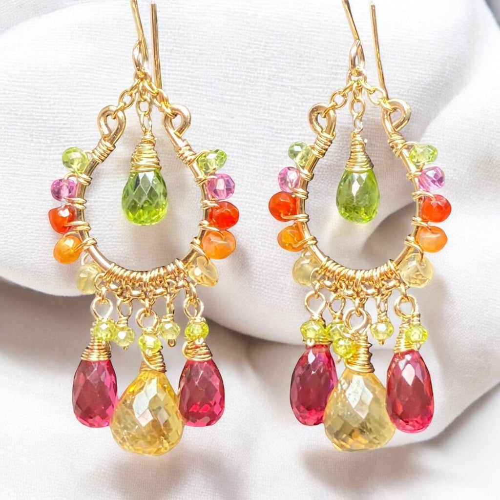 Colorful Gemstone Chandelier Earrings:  Peridot, Citrine, Fuchsia Pink Quartz, Gold Fill