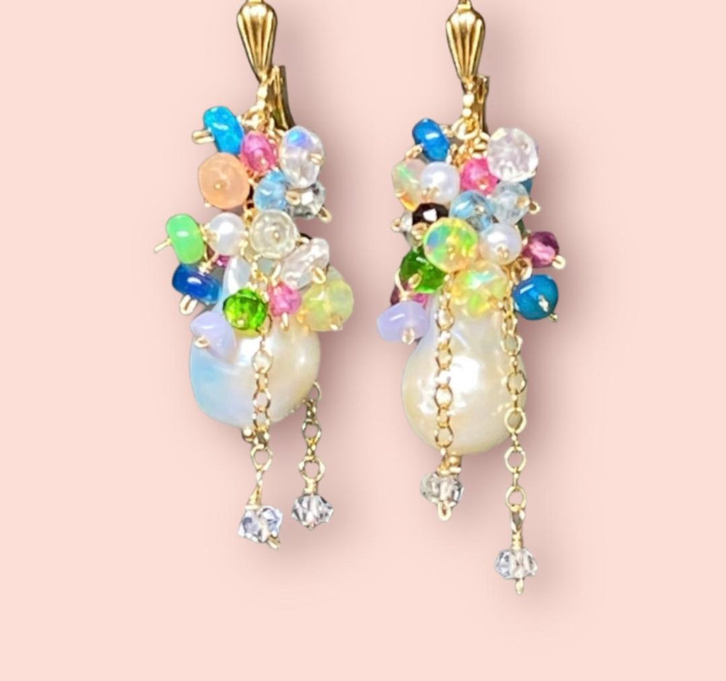 Opal Cluster Baroque Pearl Earrings Multi-color Gemstone