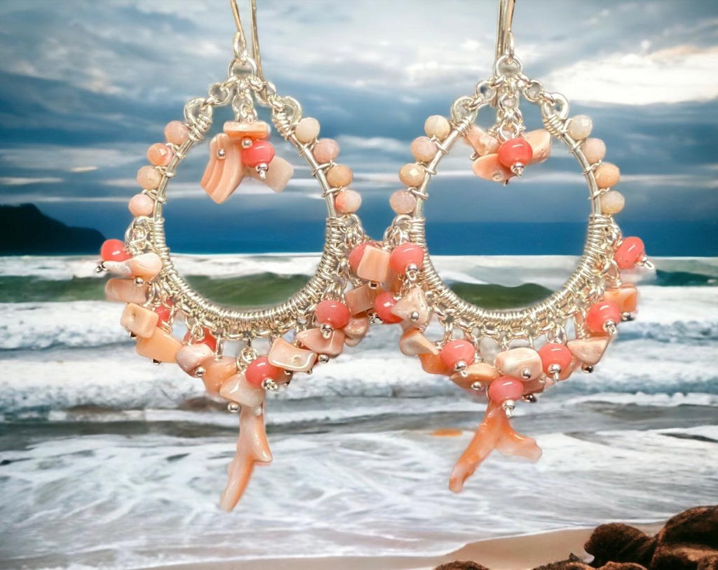 Coral Hoop Earrings Sterling Silver Branch Coral