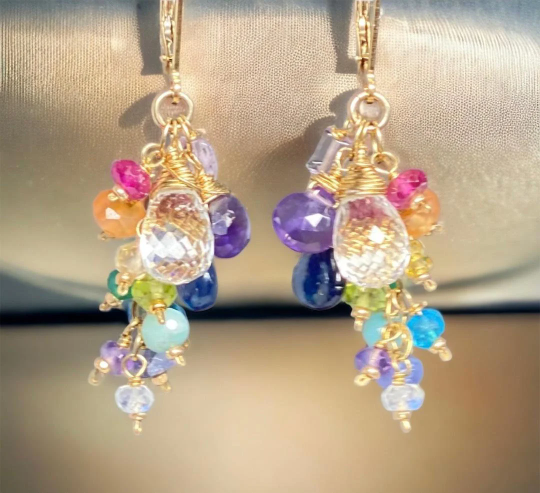 Crystal Quartz Dangle Earrings with Multi Gemstone Cluster, Purple, Blue, Pink 3