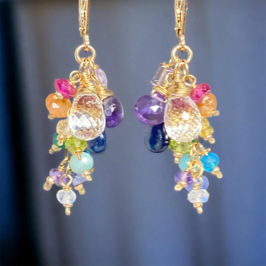 Crystal Quartz Dangle Earrings with Multi Gemstone Cluster, Purple, Blue, Pink 3