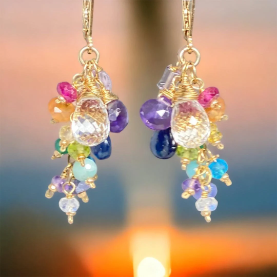 Crystal Quartz Dangle Earrings with Multi Gemstone Cluster, Purple, Blue, Pink 3