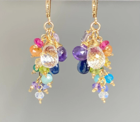 Crystal Quartz Dangle Earrings with Multi Gemstone Cluster, Purple, Blue, Pink 3